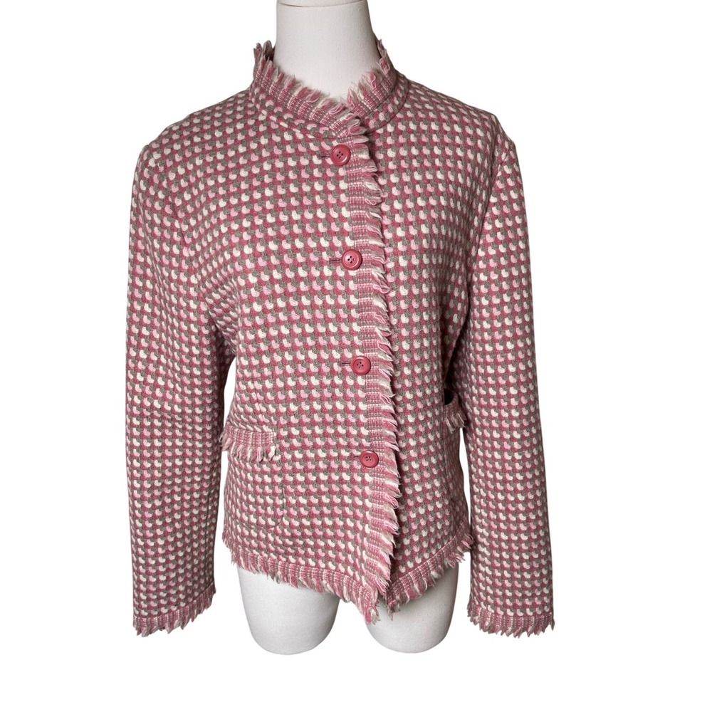 Pendleton Wool Basketweave Fringe‎ Jacket Pink Cream Preppy Women 14